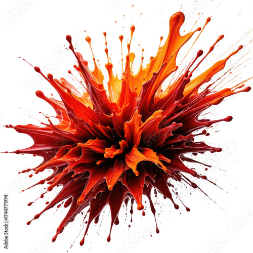 Explosive paint vibrant red and orange splatters on black backdrop