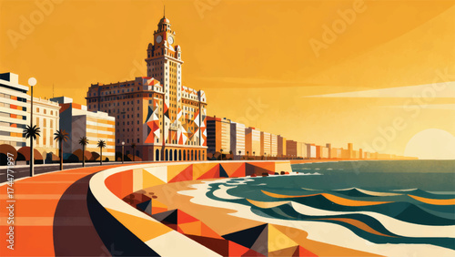 Illustration Of The Iconic Palacio Salvo Building With The Rambla Beach On The Seafront Vector Design Template