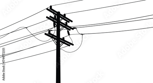 Black silhouette of wooden electricity pole with power cables vector illustration showing urban electrical line connection and infrastructure design