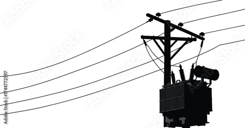 Black silhouette vector of electricity pole with transformer and power lines on white background for industrial energy and electrical concept design