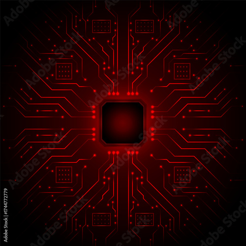 Red Circuit Board with Central Processor and Glowing Digital Lines