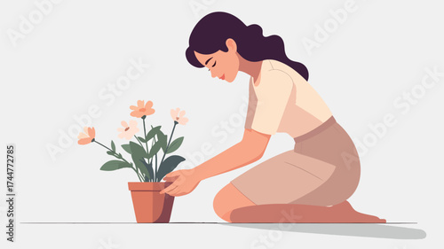 Woman tending to flowers in a pot, kneeling on the ground, in a minimalist style.