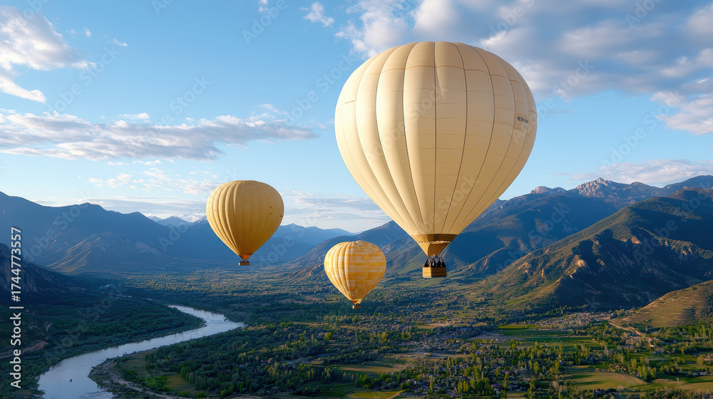 Fototapeta premium Hot air balloons floating above scenic valley with mountains and river. view is breathtaking