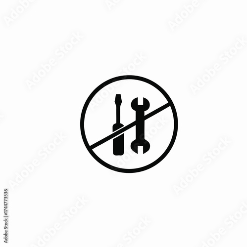Tools not allowed. Carrying tools prohibition vector image. Tools restriction.Don’t disassemble, no tools flat glyphs design sign icon, black flat glyphs design vector, isolated on white background

