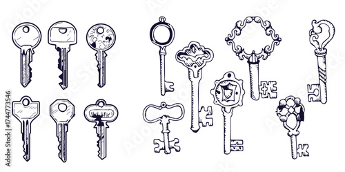 Vector set of hand-drawn antique keys. Illustration in sketch style on white background. Old design