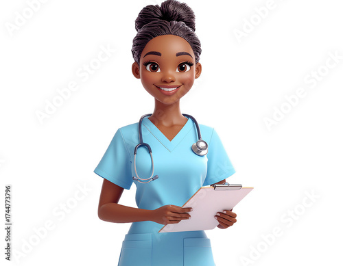 3D Female Nurse Character Holding Clipboard Isolated PNG