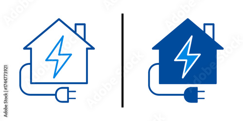 Home Energy Icon Set: Conceptual icons representing a house integrated with an electric energy bolt and plug, perfect for designs. 