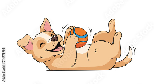 A happy little dog is playing with a ball.