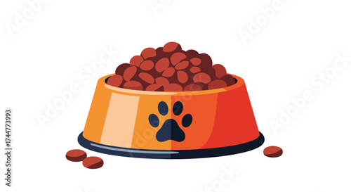 A bright orange dog bowl overflowing with brown kibble and a paw print design.