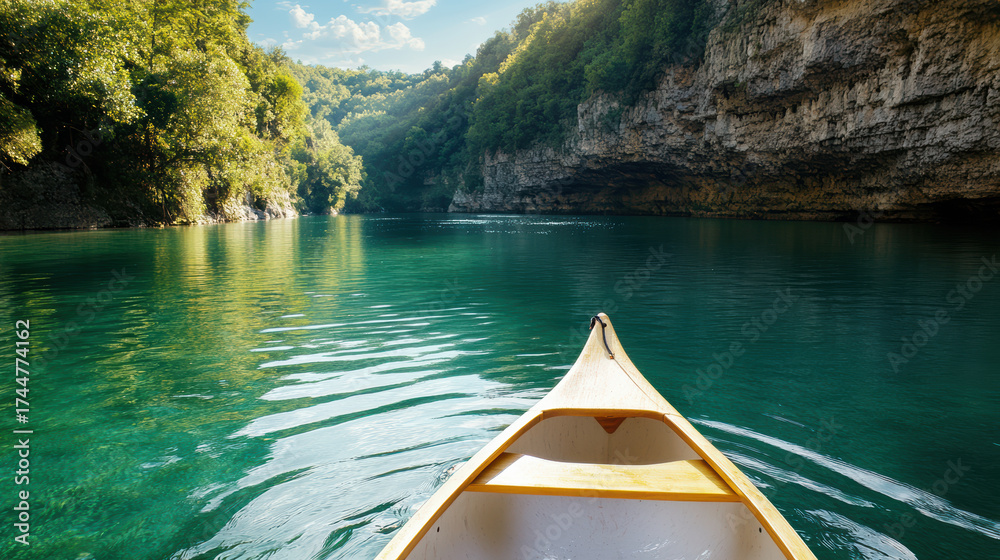 Fototapeta premium Serene kayak glides through tranquil emerald river canyon, surrounded by lush greenery