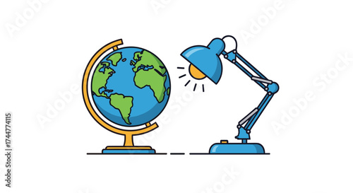 A desk lamp illuminates a globe in a brightly lit room.