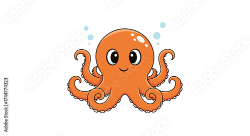 A cute orange octopus with eight arms and big eyes floating in the ocean.