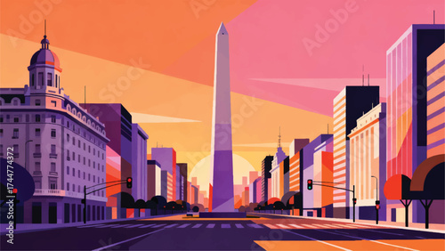 Illustration Of The Obelisco De Buenos Aires On Avenida De Julio With Modern Colonial Buildings Vector Design Template