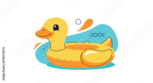 A cute yellow inflatable duck floats on the water.