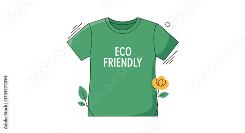 A green t shirt with eco friendly written on it and a flower.