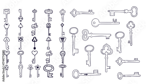 Vector set of hand-drawn antique keys. Illustration in sketch style on white background. Old design