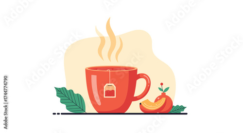 A hot cup of tea with a slice of fruit on the side.