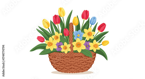 A woven basket filled with a vibrant spring assortment of tulips daffodils pansies and forget-me-nots.