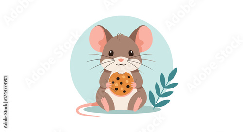 A cute tiny mouse holding a delicious cookie in its paws.