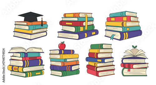 Stacks of books featuring graduation caps and apples.