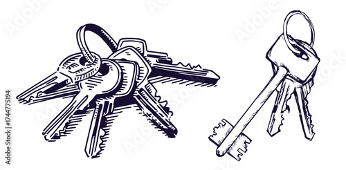 Vector set of hand-drawn antique keys. Illustration in sketch style on white background. Old design