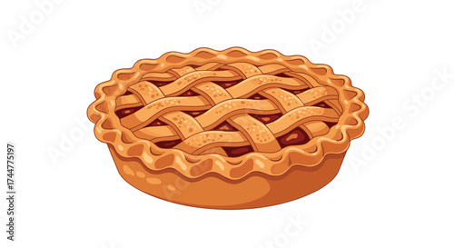 A delicious golden brown apple pie with a lattice crust sits on a white background.