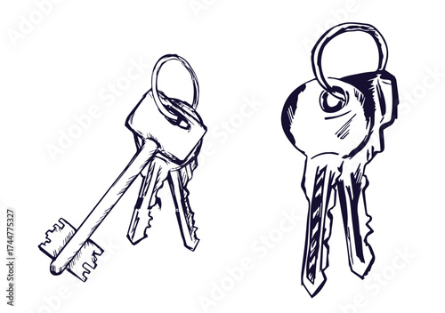 Vector set of hand-drawn antique keys. Illustration in sketch style on white background. Old design