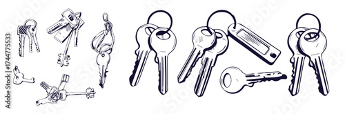 Vector set of hand-drawn antique keys. Illustration in sketch style on white background. Old design