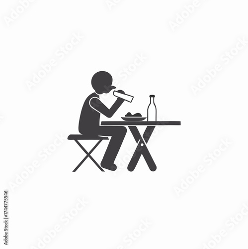 Eating food in a restaurant icon. Eating and drinking pictogram. Eating breakfast vector. Stick figure black and white boy set posture. Simple silhouette structure icon.

