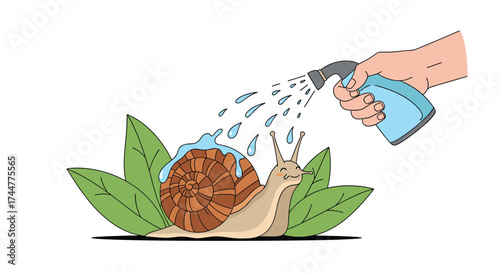 Spraying a snail with a hose to clean its shell.