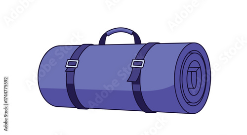 A simple illustration of a rolled up blue sleeping bag with straps.