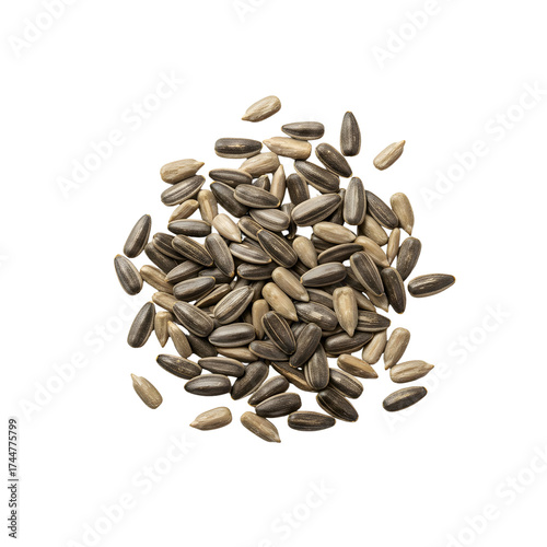 Raw sunflower seeds pile in shells isolated on white background, top view food ingredient