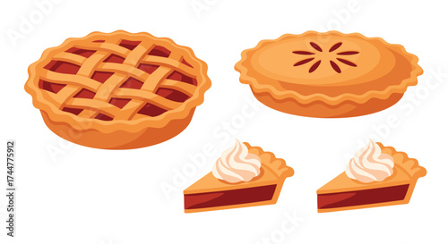 Delicious homemade pies and pie slices with whipped cream.