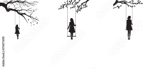 Minimalist black and white vector illustration of young girls sitting on tree swings under branches, elegant silhouette artwork symbolizing peace, nostalgia, childhood freedom, and emotional calm