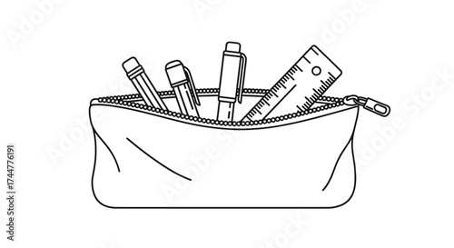 A pencil case filled with various writing and drawing tools and a ruler.