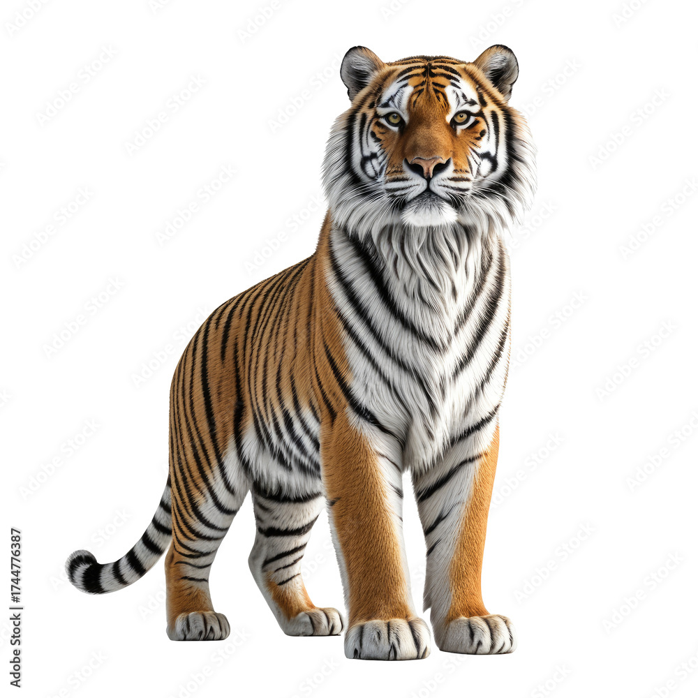Naklejka premium Striking tiger amber fur, dark stripes, intense gaze, regal posture