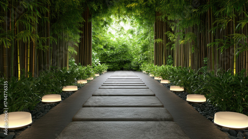 Serene meditation garden featuring glowing stone path surrounded by lush bamboo and greenery