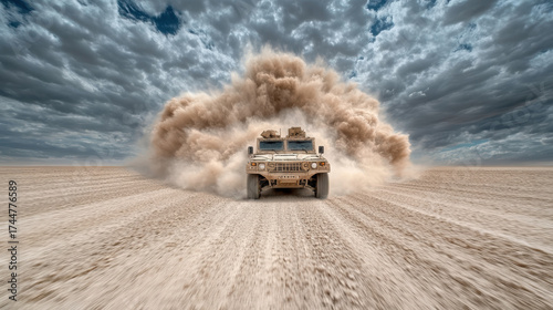 Dusty military vehicle kicking up sand in dramatic landscape with stormy clouds