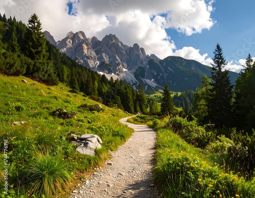 Scenic Mountain Landscape with Winding Path Through Lush Valley