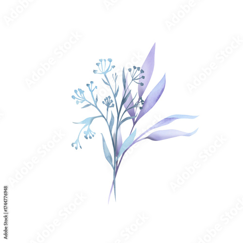 A bouquet of simple blue flowers. Winter, cool blue tones. Watercolor.