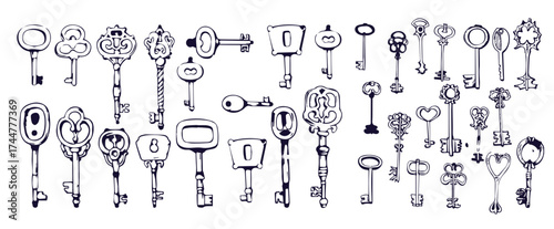 Vector set of hand-drawn antique keys. Illustration in sketch style on white background. Old design