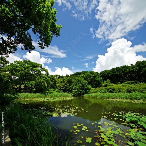 Scenic view of a lush green lake with a blue sky above