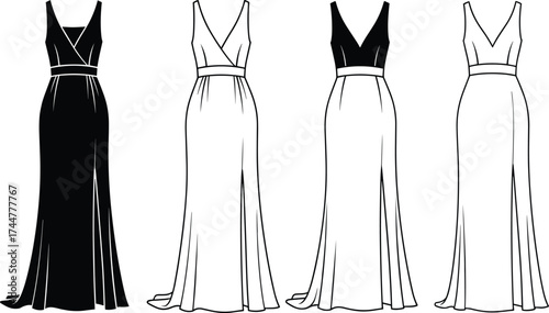 Black and white fashion illustration of sleeveless V-neck dress with fitted bodice, flared skirt, and technical design details