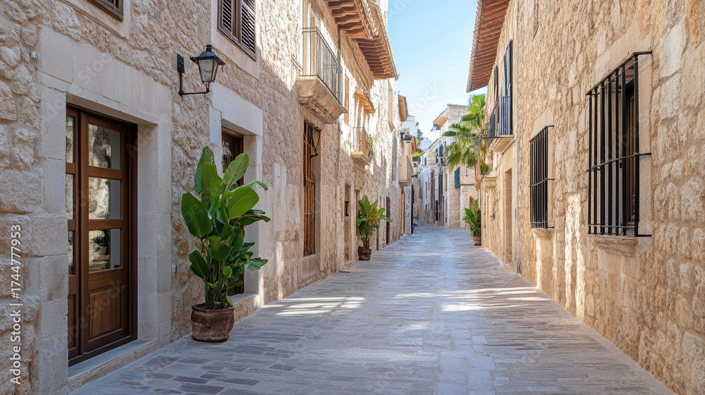 Obraz premium Narrow alley between tall stone buildings with soft light creates serene atmosphere