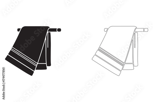 Bathroom Towel Rack with Hanging Towel Icon in Black and White Vector Illustration Isolated Cleanliness Concept Design