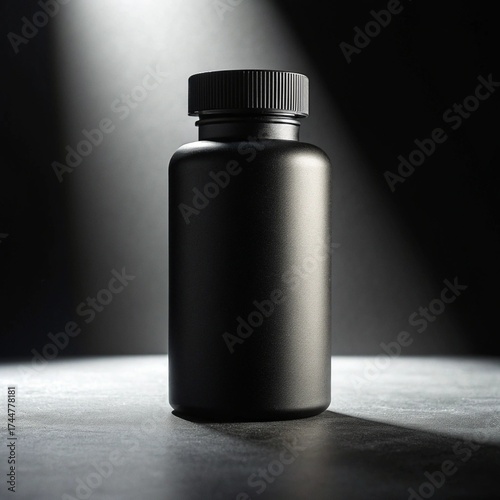 black plastic bottle on black background