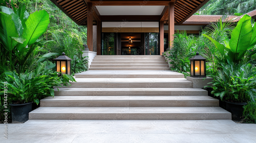 Fototapeta premium Luxurious entrance with stone steps, surrounded by lush greenery and elegant lanterns