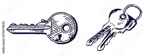 Vector set of hand-drawn antique keys. Illustration in sketch style on white background. Old design