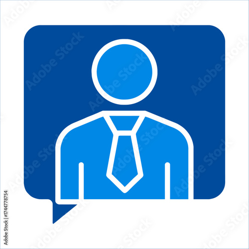 Online communication & support Icon: An emblem of modern digital interaction, a simple, stylized icon of a person within a speech bubble.