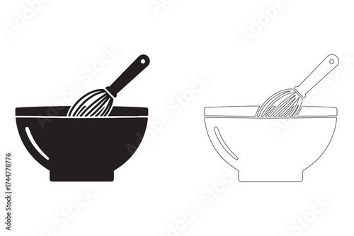 Black and White Bowl and Whisk Illustration for Culinary Concepts and Baking Recipes and Artistic Representation